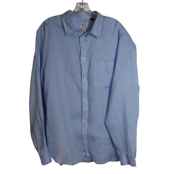 H&M No 17 Mens Linen Long Sleeve Button Up Shirt Light Blue Casual - Picture 1 of 6